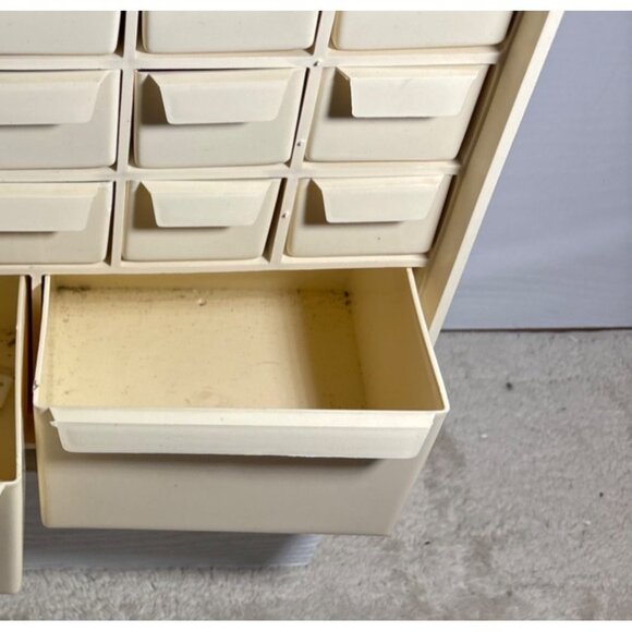 Vtg 24 Drawer Plastic Storage Organizer 2 Large Bottom Drawers Beige Multi Use - Picture 2 of 14